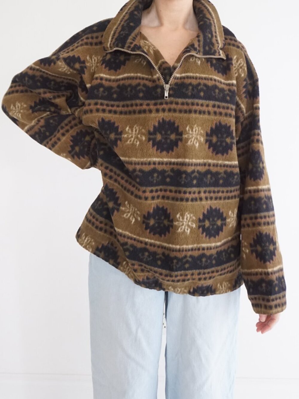 Vintage Bugle Boy Brown Black Aztec Nordic Quarter Zip Fleece Sweater Gorpcore L